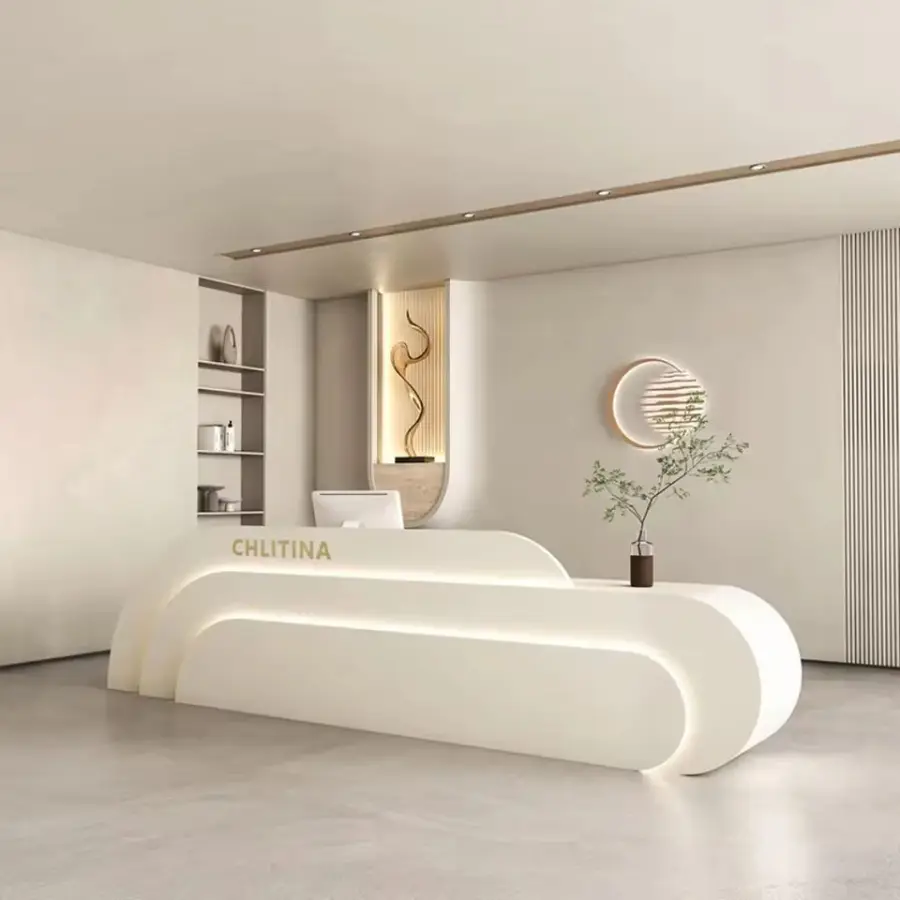 Custom Modern Long Curved Reception Desk Recessed Line LED Light Front Counter for Office Hotel Beauty Salon — view 1
