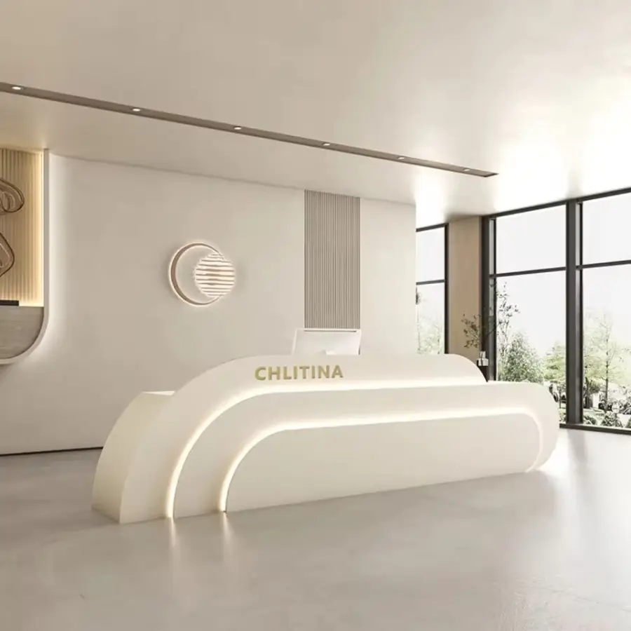 Custom Modern Long Curved Reception Desk Recessed Line LED Light Front Counter for Office Hotel Beauty Salon — image 3