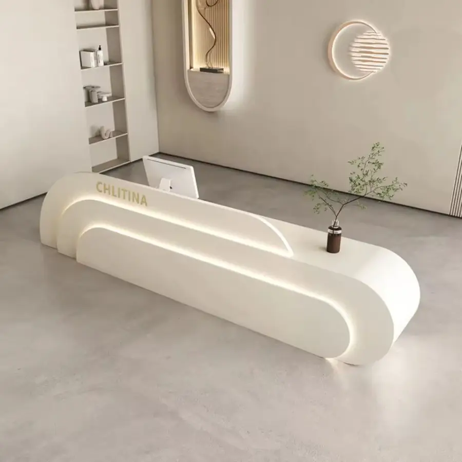 Custom Modern Long Curved Reception Desk Recessed Line LED Light Front Counter for Office Hotel Beauty Salon — image 4