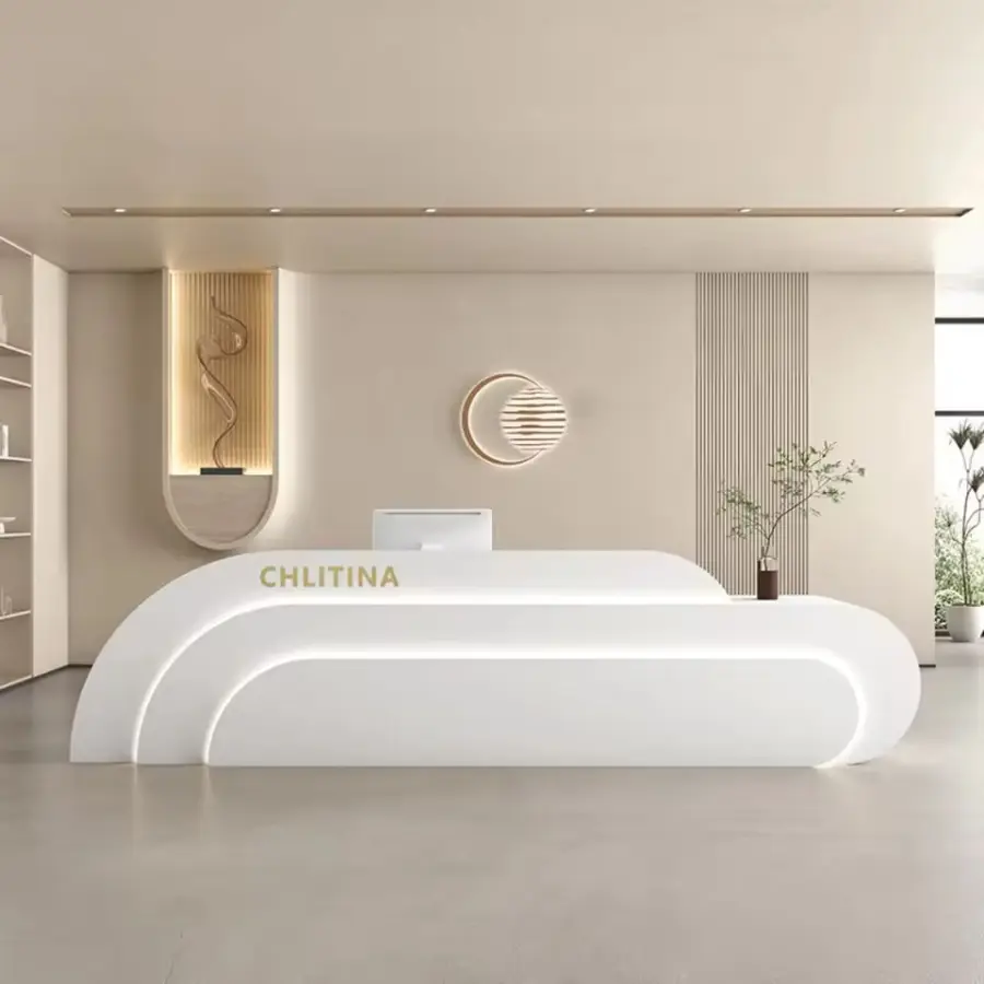 Custom Modern Long Curved Reception Desk Recessed Line LED Light Front Counter for Office Hotel Beauty Salon — image 5