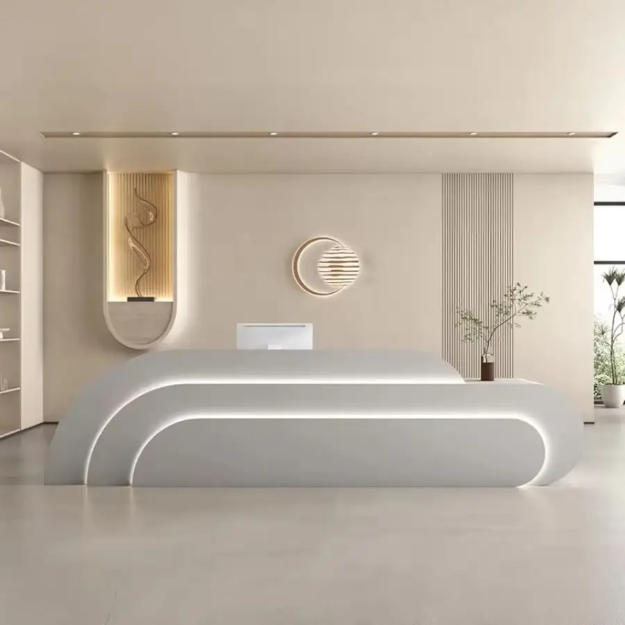 Custom Modern Long Curved Reception Desk Recessed Line LED Light Front Counter for Office Hotel Beauty Salon — image 6