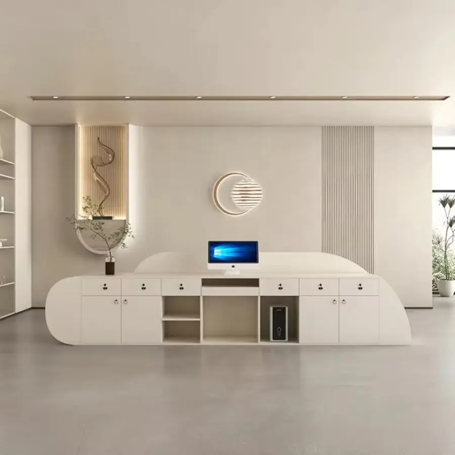 Custom Modern Long Curved Reception Desk Recessed Line LED Light Front Counter for Office Hotel Beauty Salon — image 7