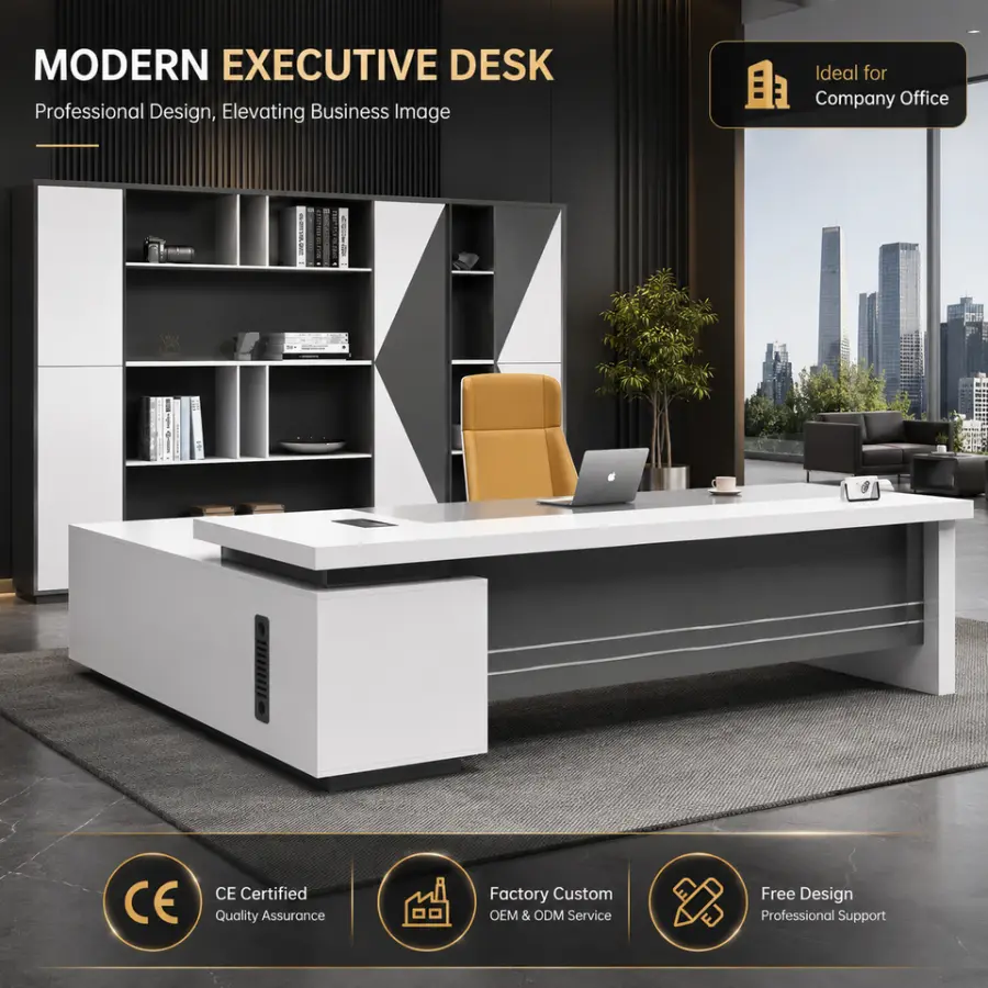 High Quality Modern Eco-Friendly Modular Executive Computer Desk PVC Top White L-Shaped Boss Office Commercial Use Box/F — view 1
