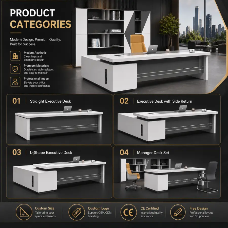 High Quality Modern Eco-Friendly Modular Executive Computer Desk PVC Top White L-Shaped Boss Office Commercial Use Box/File — image 3