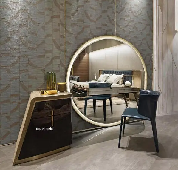 Simple Home Furniture Luxury Modern Bedroom Makeup Table With Big Round Mirror Unique Dressing Vanity Table With Drawer — view 1