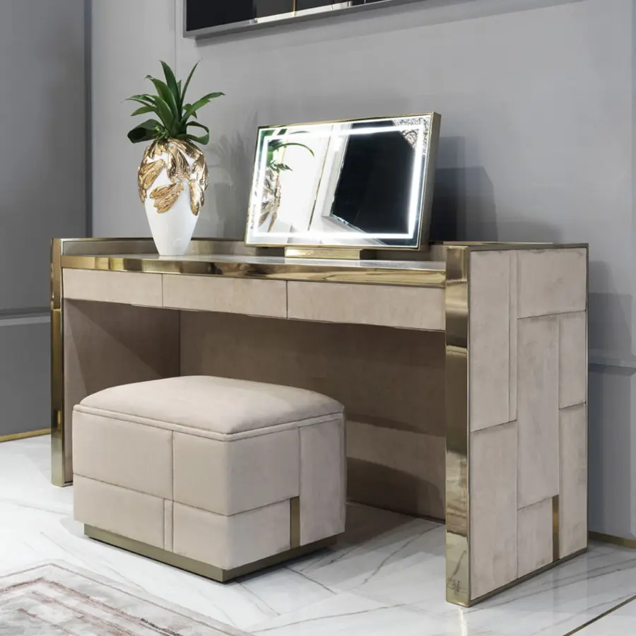 High Quality Metal Modern Bedroom Furniture Storage Drawers Dresser Set Fabric Mirrored Makeups Table Vanity Dressers — view 1