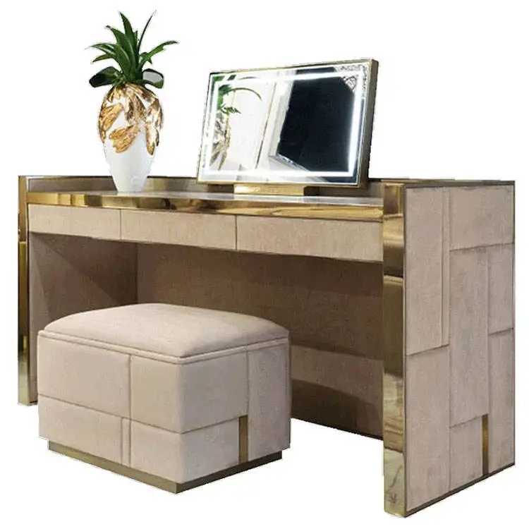 High Quality Metal Modern Bedroom Furniture Storage Drawers Dresser Set Fabric Mirrored Makeups Table Vanity Dressers — image 6