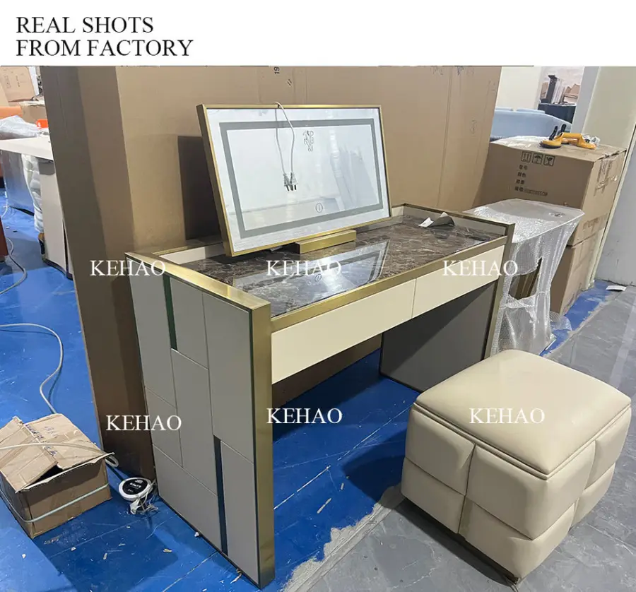 High Quality Metal Modern Bedroom Furniture Storage Drawers Dresser Set Fabric Mirrored Makeups Table Vanity Dressers — image 7