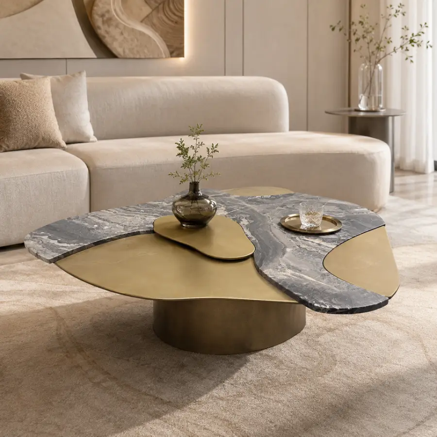 Custom Modern Design Marble Table Triangle Shaped Irregular Stainless Steel Frame for Home Hotel Luxury Villa Coffee Tab — view 1