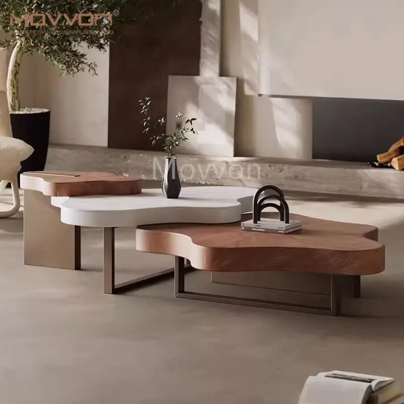 Modern Creamy Style Cloud Shaped Coffee Table Set Extendable Nordic Modular Wooden Top with Glaze Finish for Living Room — view 1