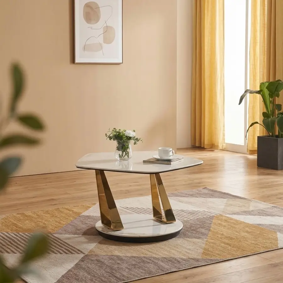 White Marble Two Tier Glass Accent Coffee Table Modern Gold Metal Base Living Room — view 2