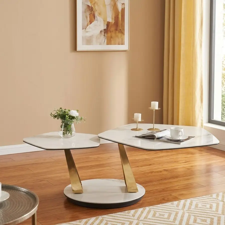 White Marble Two Tier Glass Accent Coffee Table Modern Gold Metal Base Living Room — view 3