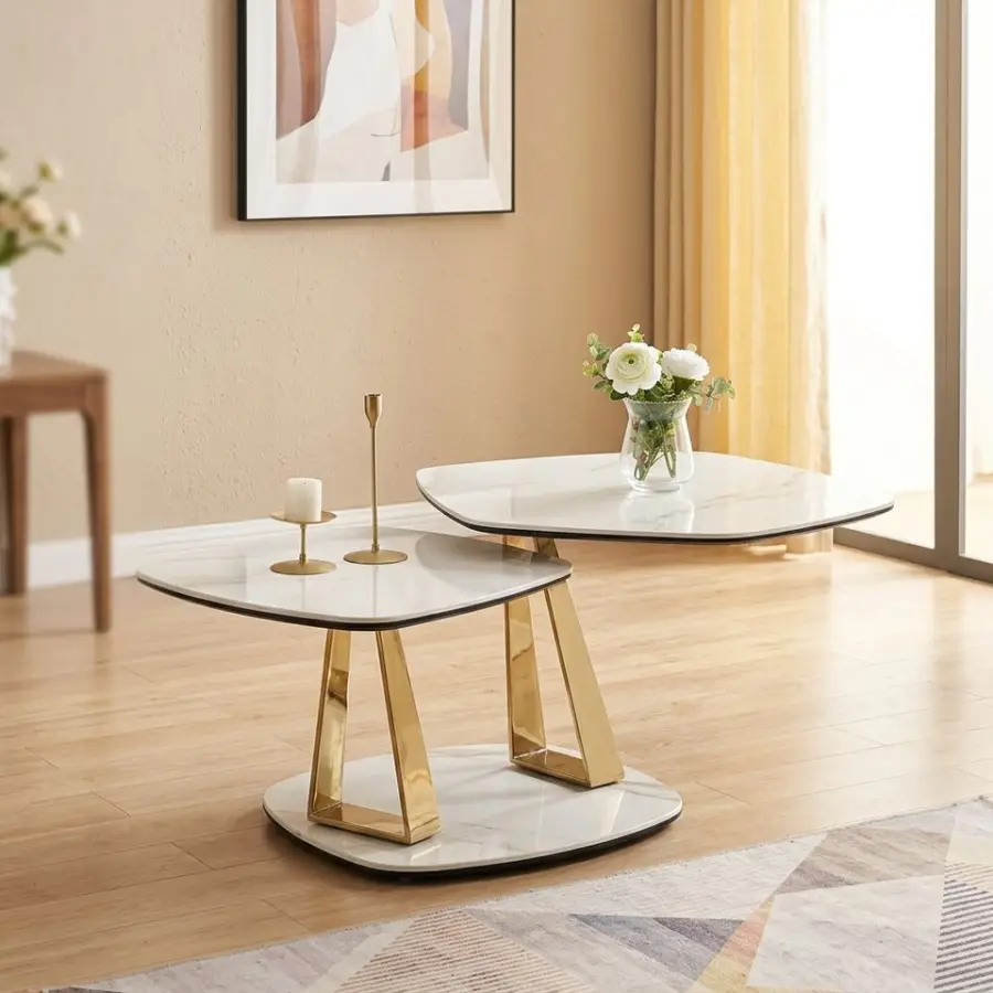 White Marble Two Tier Glass Accent Coffee Table Modern Gold Metal Base Living Room — view 4