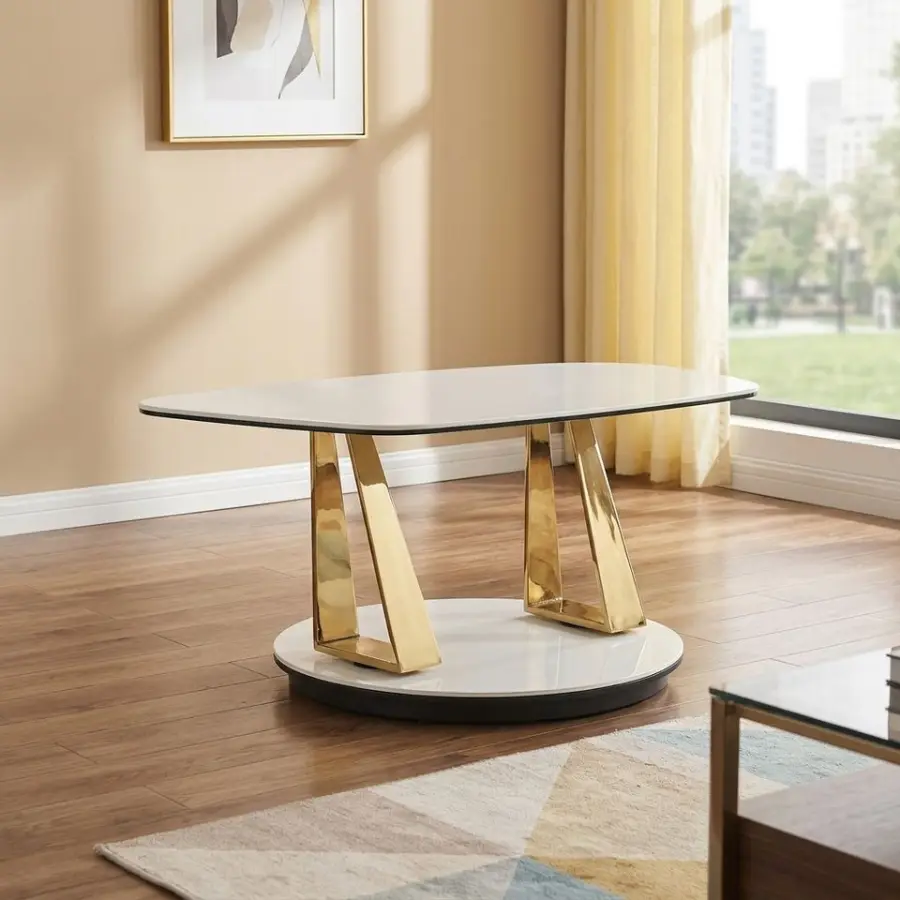 White Marble Two Tier Glass Accent Coffee Table Modern Gold Metal Base Living Room — view 5