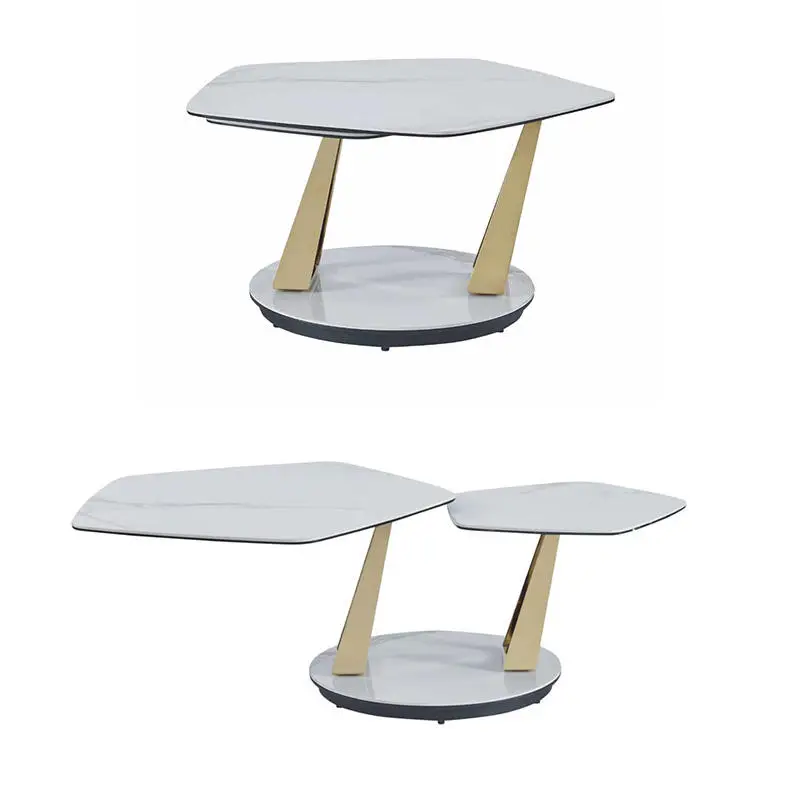 White Marble Two Tier Glass Accent Coffee Table Modern Gold Metal Base Living Room — view 6