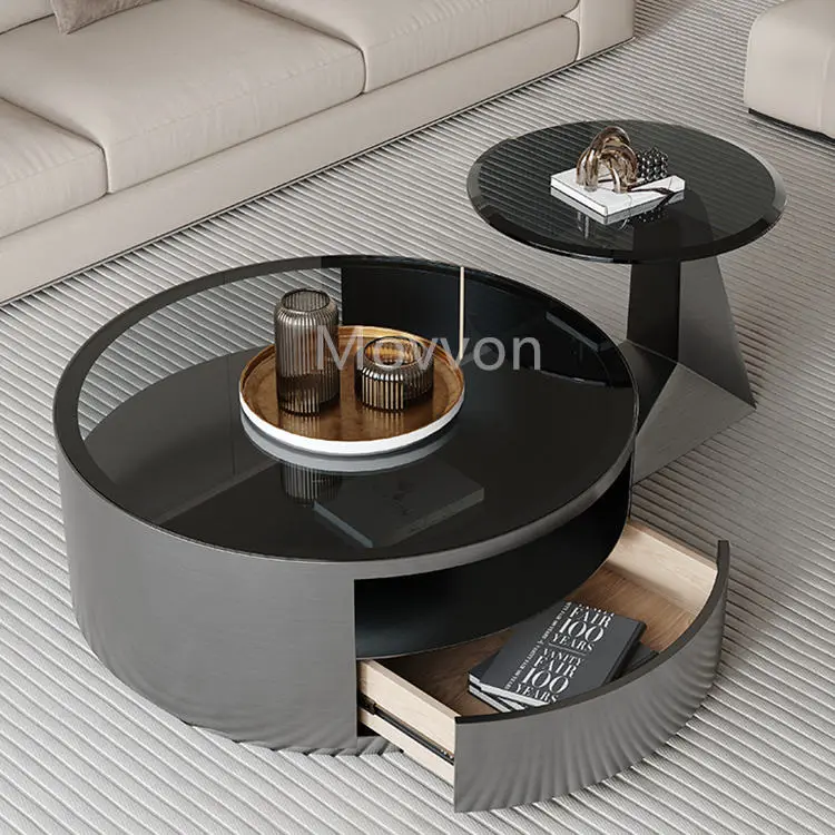 Light Luxury Home Coffee Table Curved Combination Living Room Designer Black Tempered Glass Round Coffee Table — view 2