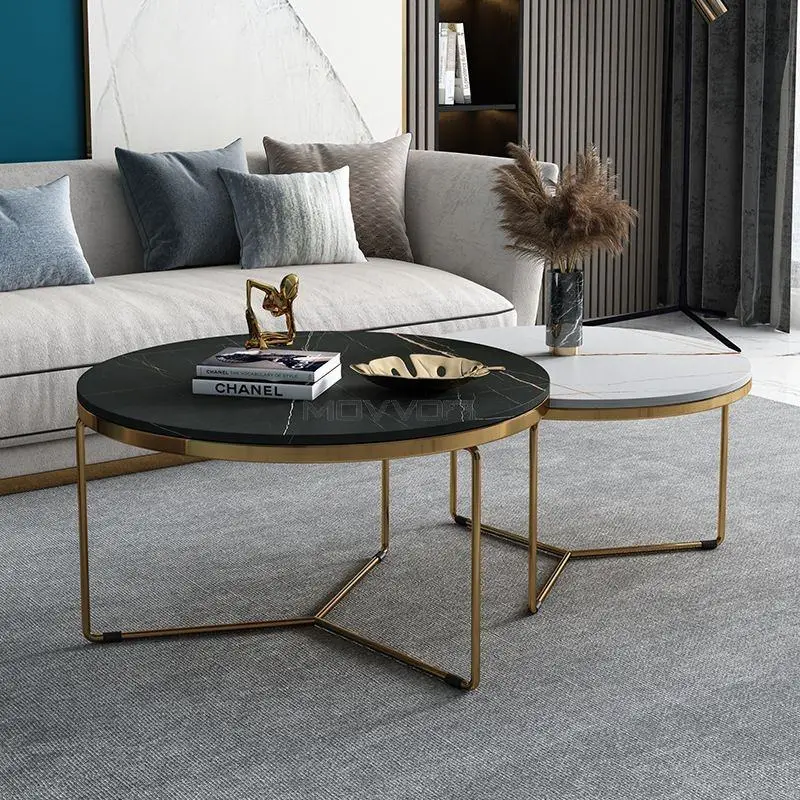 Nordic Modern Style Wrought Iron Coffee Table with Marble Rock Slab Top Tea Table Set for Living Room Home Furniture — image 3