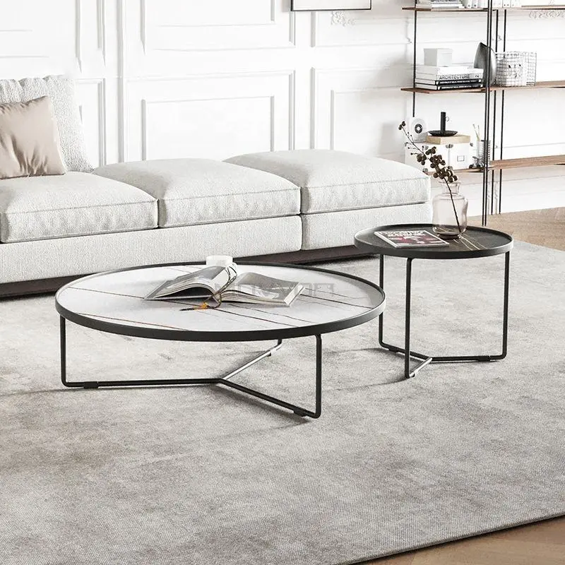 Nordic Modern Style Wrought Iron Coffee Table with Marble Rock Slab Top Tea Table Set for Living Room Home Furniture — image 4