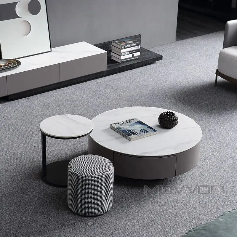 Wholesale Furniture Design Modern Round Coffee Tables Sets Stone Top with Storage Walnut Base Tea Coffee Table Set — view 1