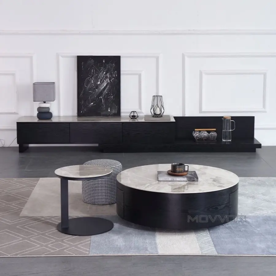 Wholesale Furniture Design Modern Round Coffee Tables Sets Stone Top with Storage Walnut Base Tea Coffee Table Set — view 2