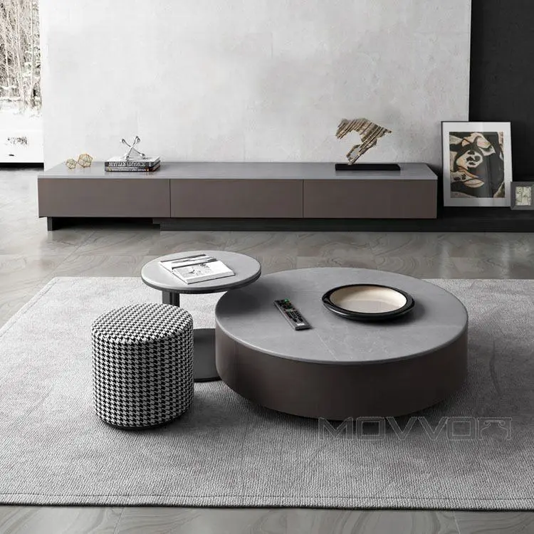 Wholesale Furniture Design Modern Round Coffee Tables Sets Stone Top with Storage Walnut Base Tea Coffee Table Set — view 4