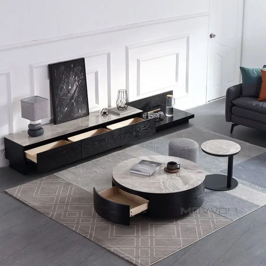 Wholesale Furniture Design Modern Round Coffee Tables Sets Stone Top with Storage Walnut Base Tea Coffee Table Set — view 5