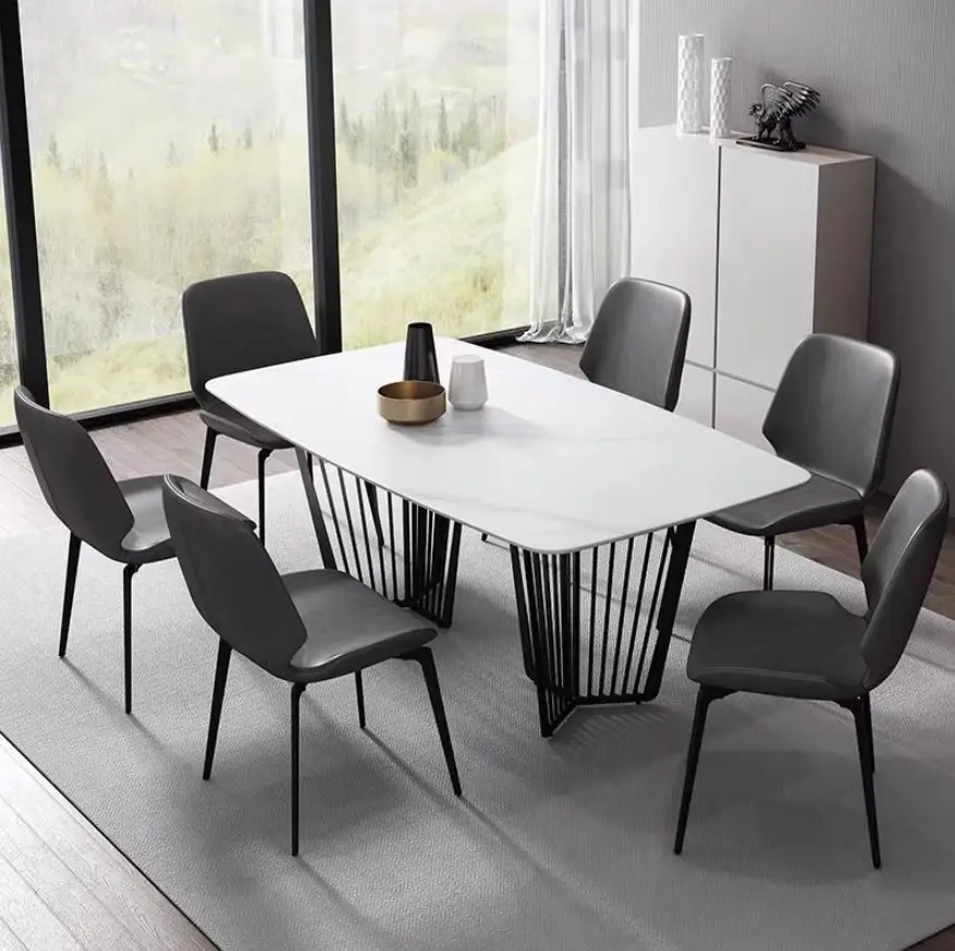 Italian Nordic Modern Rectangle Dining Table Set Minimalist Stone Top with Adjustable Steel Stand Home Use Dining Room F — view 1