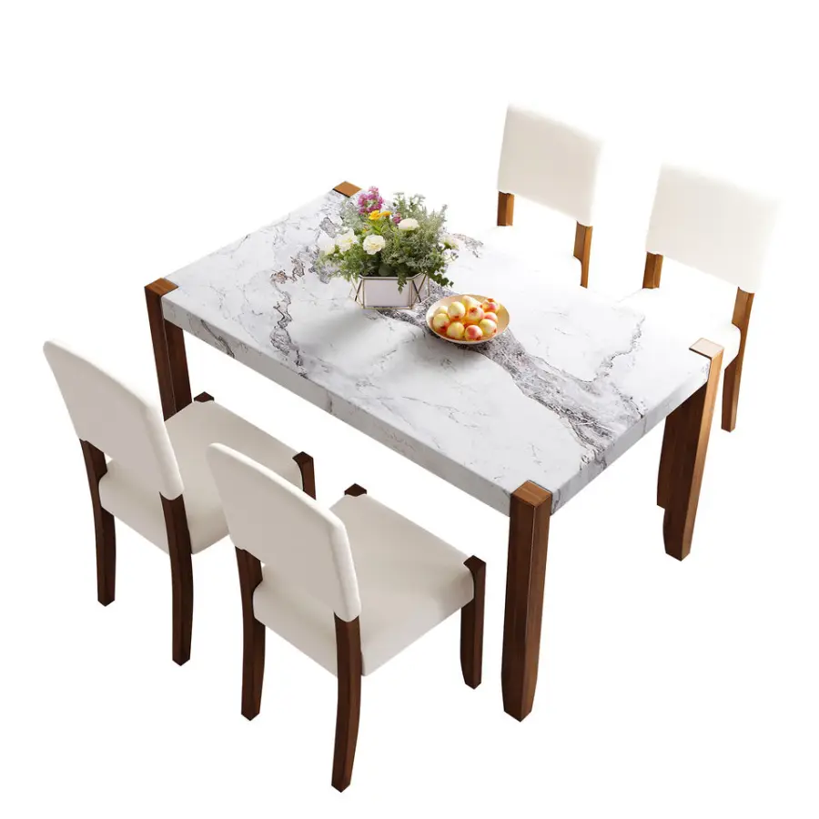 Modern 5-Piece Dining Set 46 Inch Faux Marble Style Table 4 Upholstered Solid Rubberwood Chairs Adjustable for Home Kitc — view 1