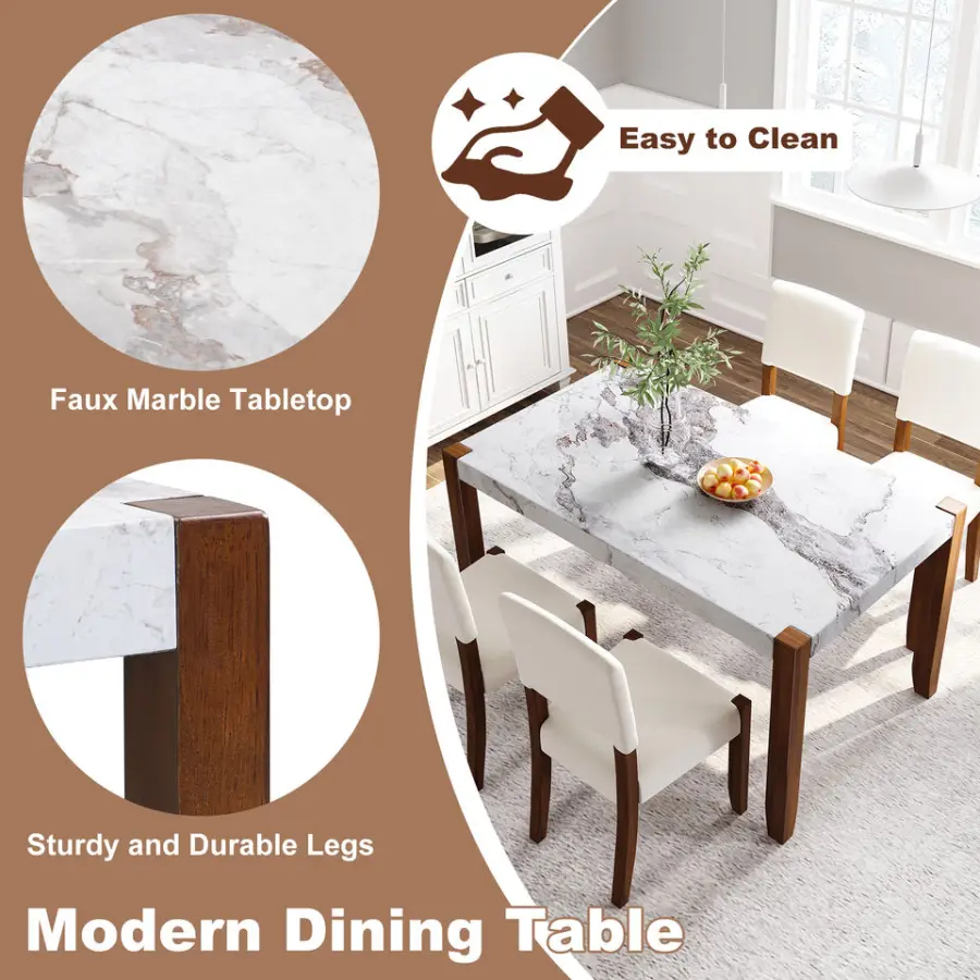 Modern 5-Piece Dining Set 46 Inch Faux Marble Style Table 4 Upholstered Solid Rubberwood Chairs Adjustable for Home Kitchen Use — image 4