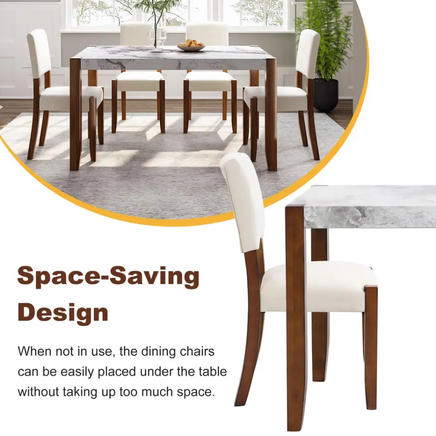 Modern 5-Piece Dining Set 46 Inch Faux Marble Style Table 4 Upholstered Solid Rubberwood Chairs Adjustable for Home Kitchen Use — image 5
