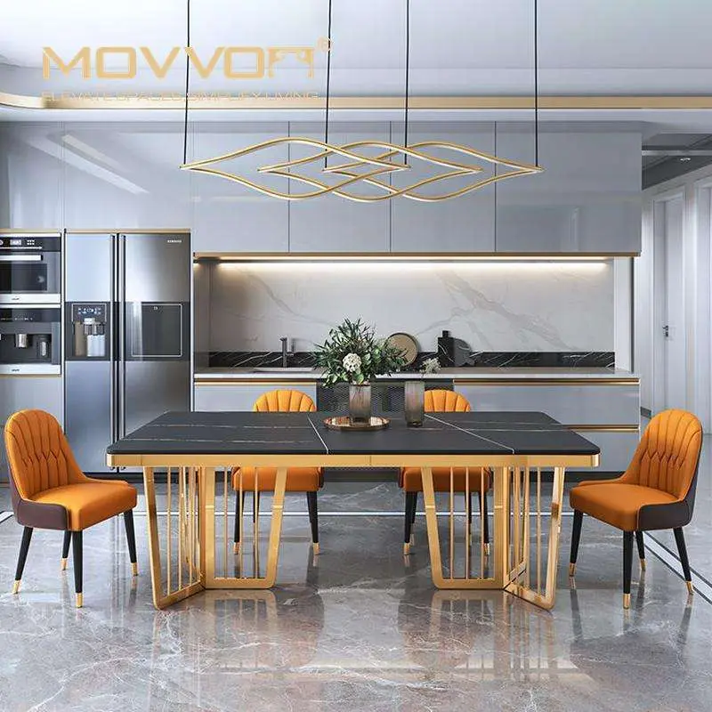 Modern Luxury Dining Table Set Golden Stainless Steel with Adjustable Sintered Stone Top Home Furniture for Dining Room — view 1