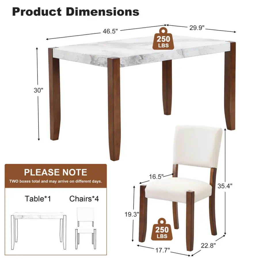 Modern 5-Piece Dining Set 46 Inch Faux Marble Style Table 4 Upholstered Solid Rubberwood Chairs Adjustable for Home Kitchen Use — image 6