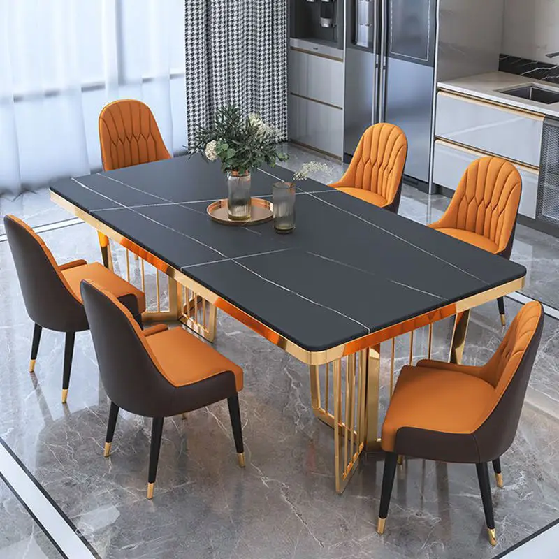 Modern Luxury Dining Table Set Golden Stainless Steel with Adjustable Sintered Stone Top Home Furniture for Dining Room Decor — image 3