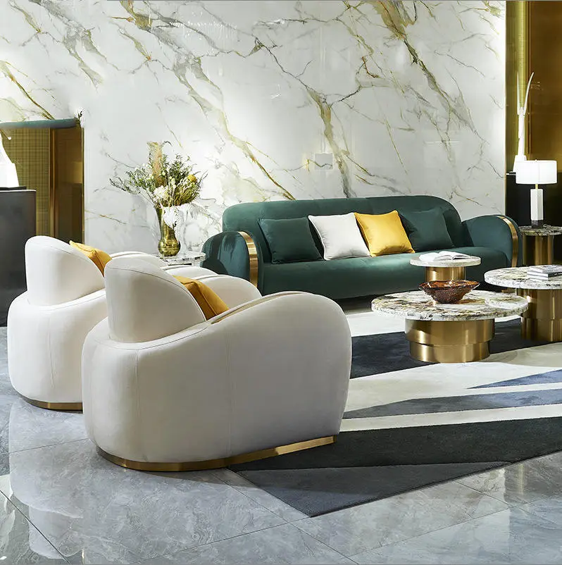 High Quality Luxury Living Room Sofa Set Gold Stainless Steel Single Sofa Velvet Couch for Hotel Home — view 1