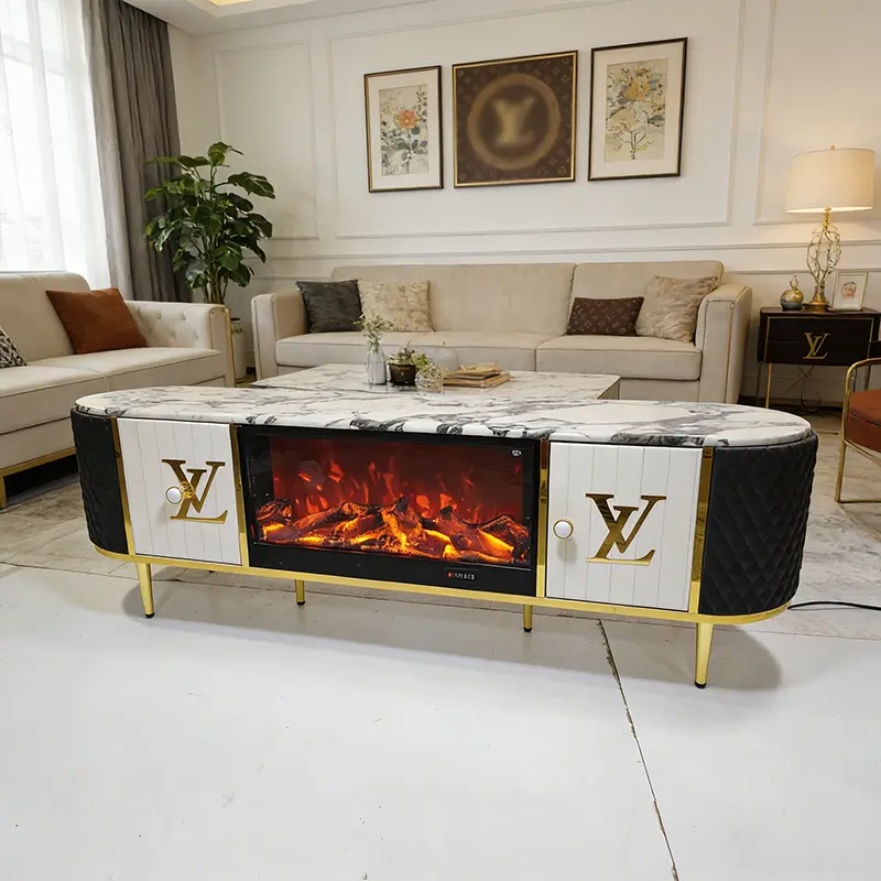 Movvon Artificial Marble Top Electronic Fireplace TV Stand 3D Flame Storage Modern Light Luxury Living Room Home Furniture — image 4