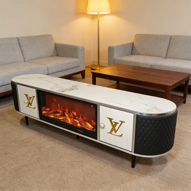 Movvon Artificial Marble Top Electronic Fireplace TV Stand 3D Flame Storage Modern Light Luxury Living Room Home Furniture — image 5