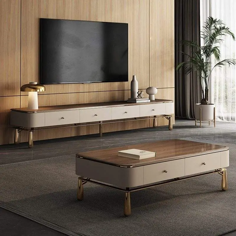 Italian Style Light Luxury Solid Wood TV Cabinet Coffee Table Combination Storage for Small Apartment Living Room Modern — view 1