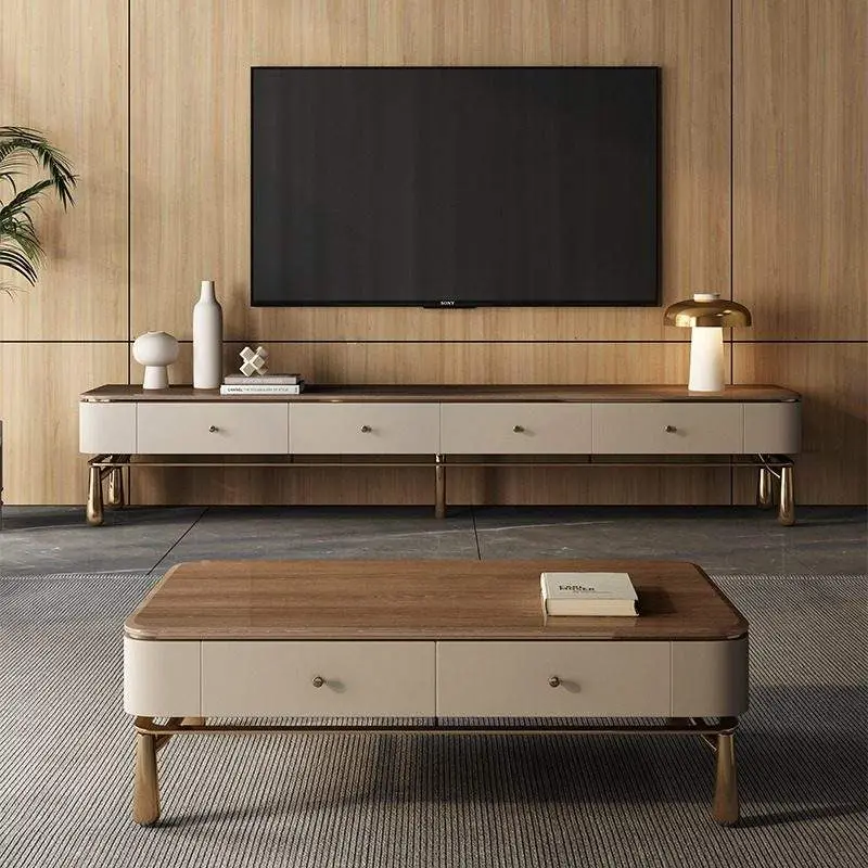 Italian Style Light Luxury Solid Wood TV Cabinet Coffee Table Combination Storage for Small Apartment Living Room Modern Design — image 2