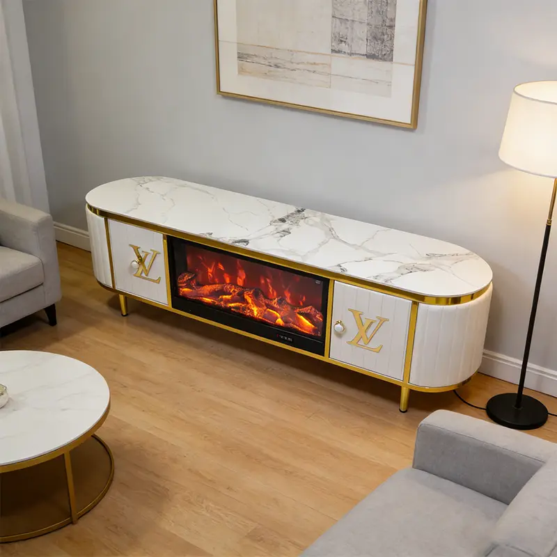 Modern Electric Fireplace Artificial Marble Top TV Stand 3D Flame Storage Light Luxury Design Home Furniture for Living — view 1