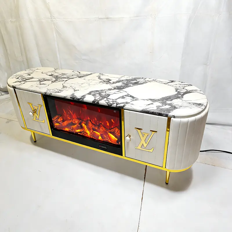 Modern Electric Fireplace Artificial Marble Top TV Stand 3D Flame Storage Light Luxury Design Home Furniture for Living Room — image 3