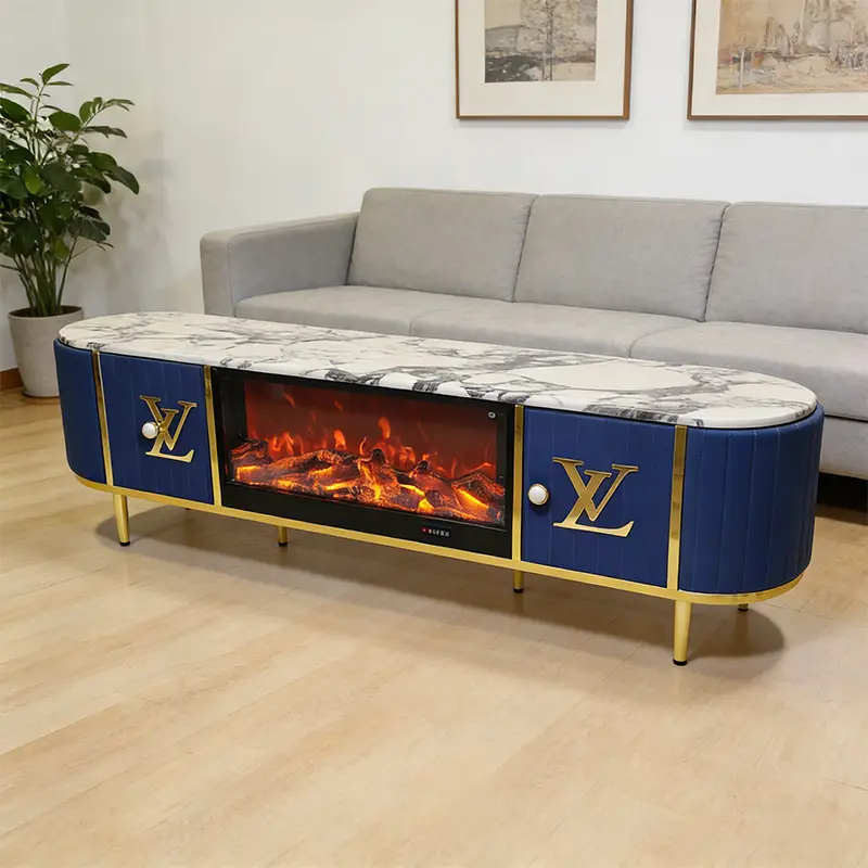 Modern Electric Fireplace Artificial Marble Top TV Stand 3D Flame Storage Light Luxury Design Home Furniture for Living Room — image 4