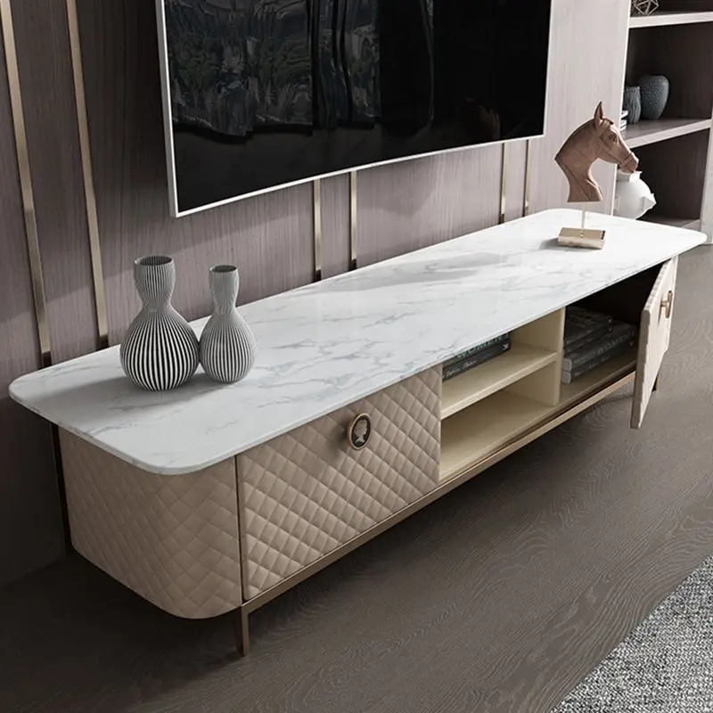 High-End Marble Top TV Stand Custom Hotel Apartment Living Room Decorative Cabinet Leather Floor Storage Cabinet — view 1