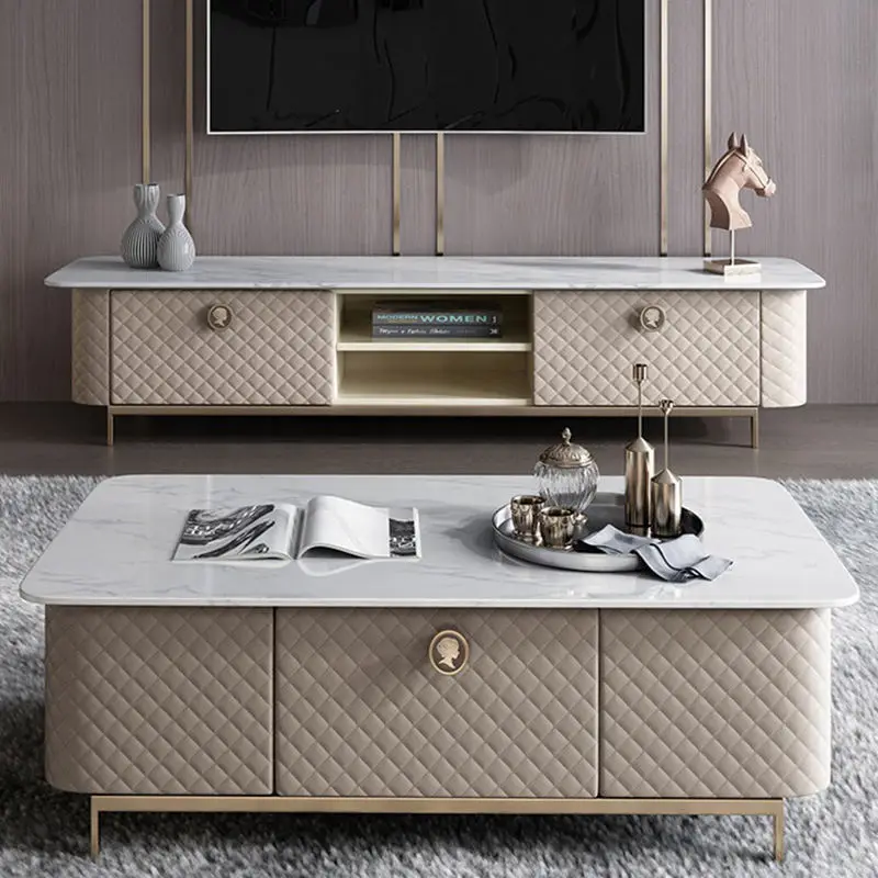 High-End Marble Top TV Stand Custom Hotel Apartment Living Room Decorative Cabinet Leather Floor Storage Cabinet — image 2