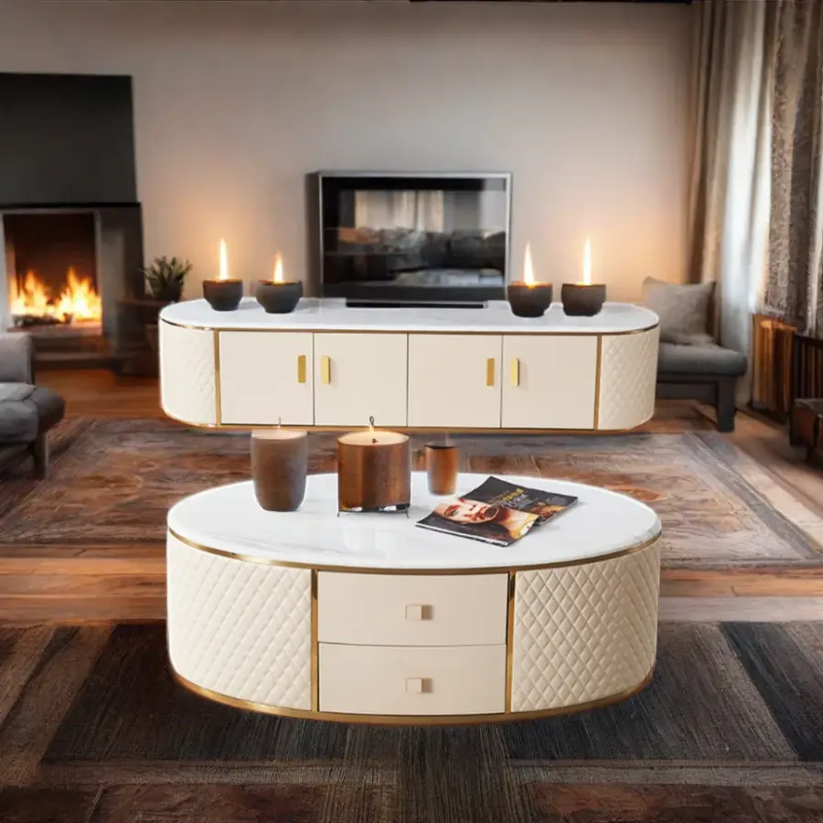 Latest Design Modern Luxury Marble Top White Coffee Table TV Stand Cabinet for Living Room Furniture — image 3