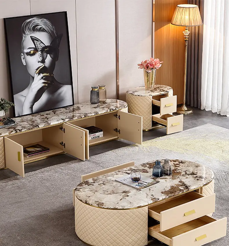Latest Design Modern Luxury Marble Top White Coffee Table TV Stand Cabinet for Living Room Furniture — image 6