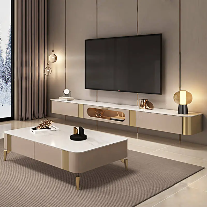 Modern Light Luxury Wall-mounted Hanging High-end Solid Wood TV Cabinet Coffee Table Combination Living Room Small Apart — view 1