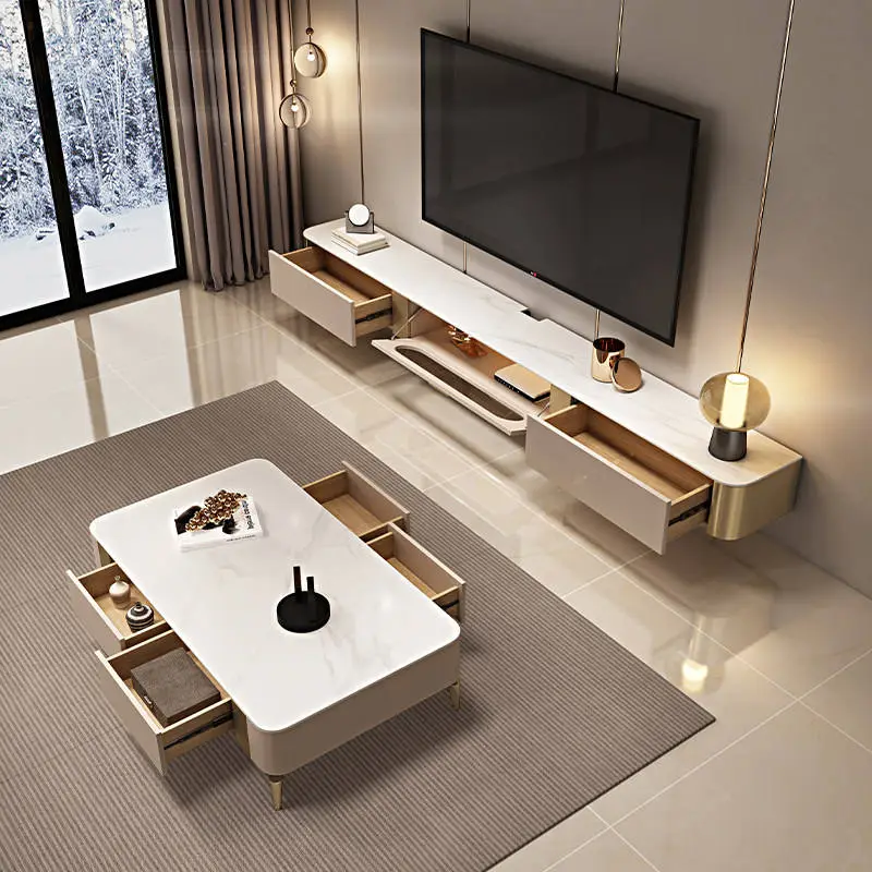 Modern Light Luxury Wall-mounted Hanging High-end Solid Wood TV Cabinet Coffee Table Combination Living Room Small Apart — view 3