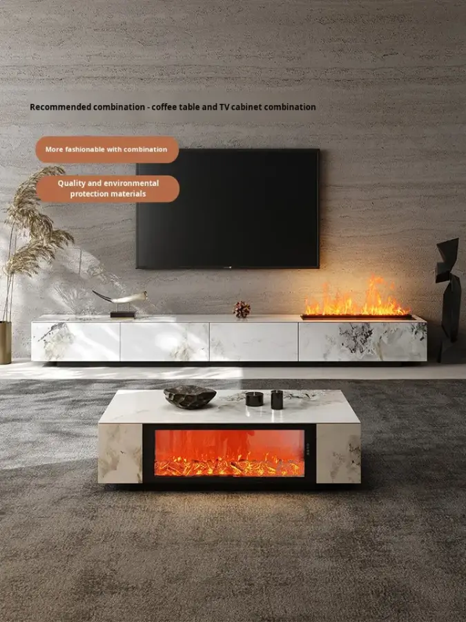 Rock Slab TV Cabinet Coffee Table Combination Light Luxury Modern Simple 3D Flame Fireplace Living Room Storage Home Furniture — image 3