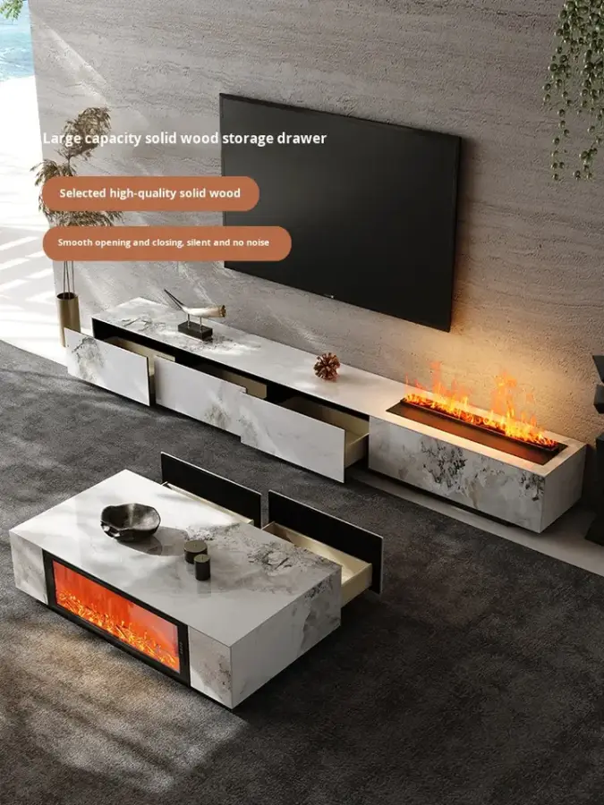 Rock Slab TV Cabinet Coffee Table Combination Light Luxury Modern Simple 3D Flame Fireplace Living Room Storage Home Furniture — image 6