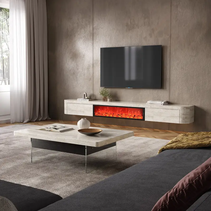 Modern Italian Light Luxury Fire Simulation Electronic Fireplace Integrated Rock Plate TV Cabinet Hanging Combination Floor — image 3
